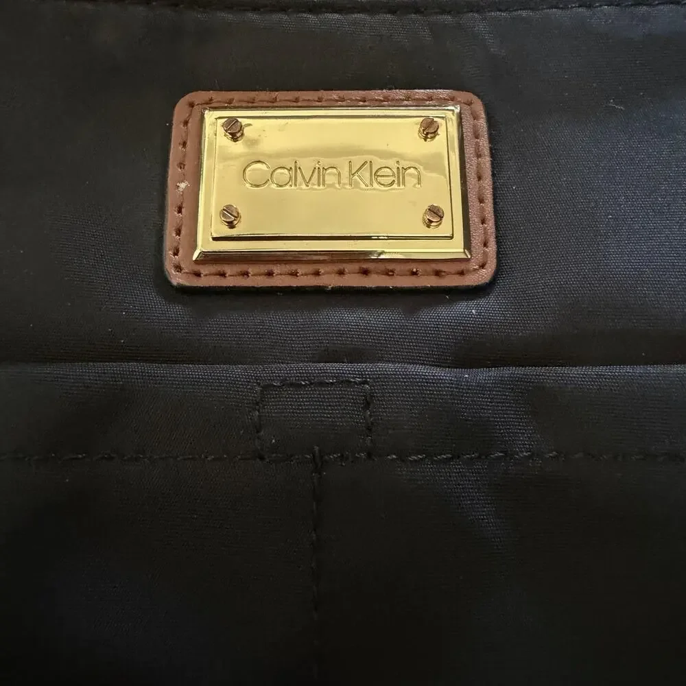Calvin Klein Crossbody Bag Womens Medium Black Nylon Brown Trim Zip Pocket